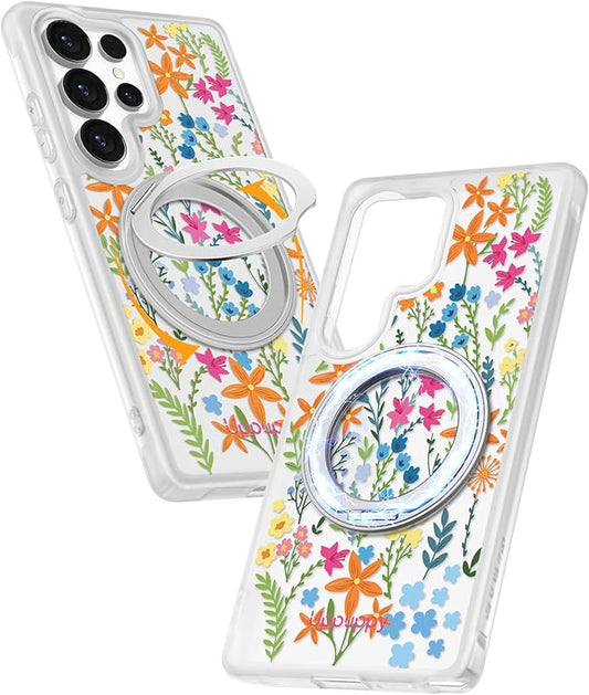 for Samsung Galaxy S25 Ultra Case with 360° Rotatable Magnetic Ring - Compatible with MagSafe, Semi-Transparent Soft-Touch Material Shockproof, Cute Colors Flower Design for Women Girl