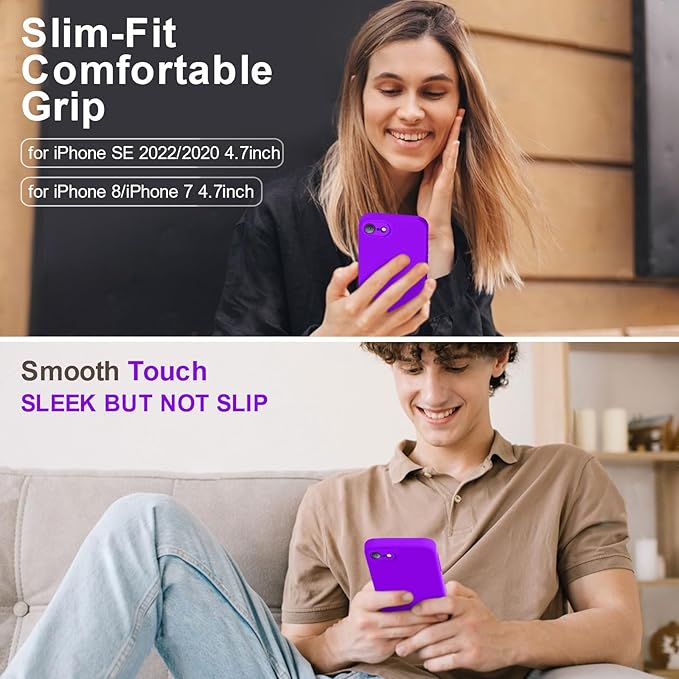 Vooii for iPhone SE Case 2022/3rd/2020,iPhone 8/7 Case, Upgraded Liquid Silicone with [Flat Edges] [Camera Protection] [Soft Anti-Scratch Microfiber Lining] Phone Case for iPhone SE - Neon Purple