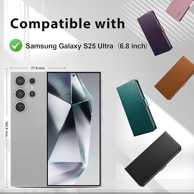 Wallet Flip Case for Samsung Galaxy S25 Ultra 5G - [RFID Blocking] Luxury PU Leather Card Holder Magnetic Phone Cover with Kickstand,Shockproof Protective Case,Black