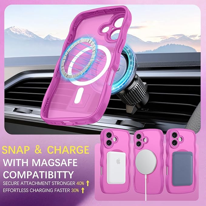 BENTOBEN for iPhone 16 Case Cute, Curly Wave iPhone16 Phone Case [Compatible with MagSafe], [Full Camera Protection] Slim Shockproof Translucent Matte 16 Magnetic Cover for Women Girls, Berry Pink