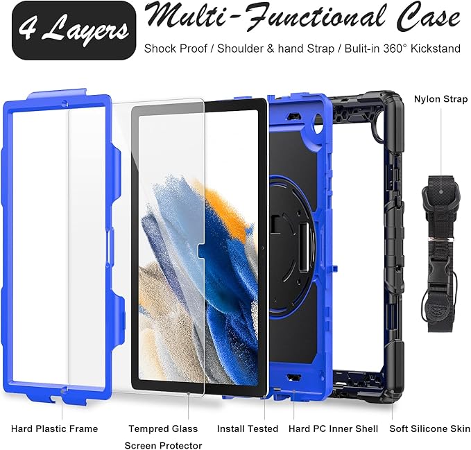 Case for Samsung Galaxy Tab A8 10.5-inch Case 2022 with Tempered Glass Screen Protector, [Kids Proof], Rotatable Kickstand/Hand & Shoulder Strap/S Pen Holder (Blue)