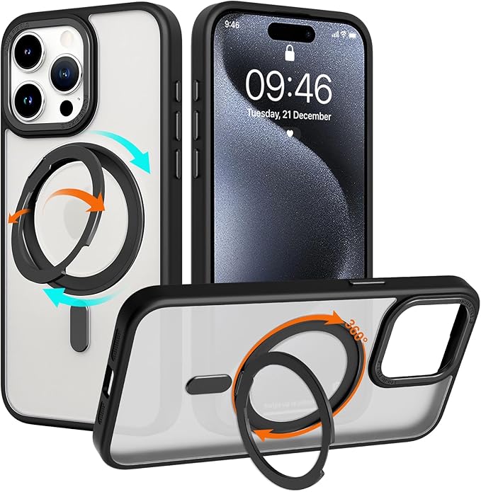 ZIYE Magnetic Case for iPhone 15 Pro Case with Stand [Compatible with MagSafe] Slim Shockproof Military Grade Heavy Duty Cover with 360 Rotatable Ring Kickstand for Women Men, Translucent Black