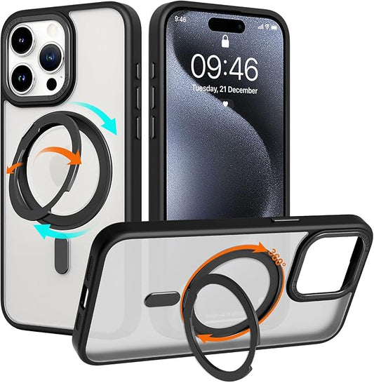 ZIYE Magnetic Case for iPhone 15 Pro Case with Stand [Compatible with MagSafe] Slim Shockproof Military Grade Heavy Duty Cover with 360 Rotatable Ring Kickstand for Women Men, Translucent Black