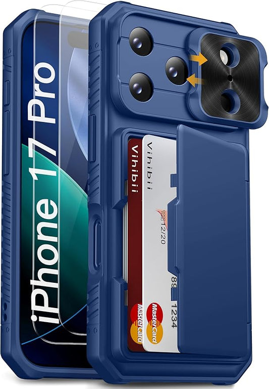 Vihibii for iPhone 17 Pro Case with [2X Screen Protector], Built-in Card Holder (4 Cards), [RFID Blocking] & Slide Camera Cover & Tempered Glass Films, Rugged Wallet Cover for 17 Pro 6.3" 2025, Blue
