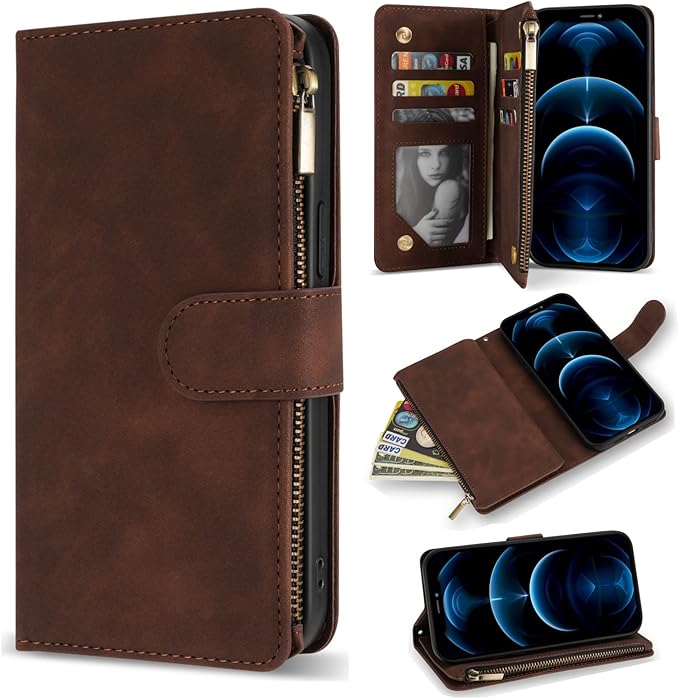 ZZXX for iPhone 12 Pro Max Wallet Case with Card Slot Premium Soft PU Leather Zipper Flip Folio Wallet with Wrist Strap Kickstand Protective for iPhone 12 Pro Max Case Wallet(Coffee 6.7 inch)