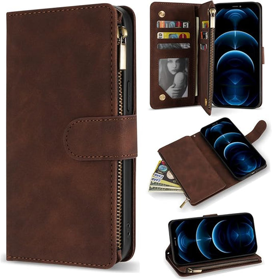 ZZXX for iPhone 12 Pro Max Wallet Case with Card Slot Premium Soft PU Leather Zipper Flip Folio Wallet with Wrist Strap Kickstand Protective for iPhone 12 Pro Max Case Wallet(Coffee 6.7 inch)