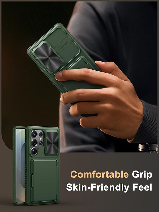 Vihibii for Samsung Galaxy S25 Ultra Wallet Case, Built-in Card Holder (4 Cards), [RFID Blocking] & Slide Lens Cover, Military Grade Drop Protection, Phone Case for Samsung Galaxy S25 Ultra, Green