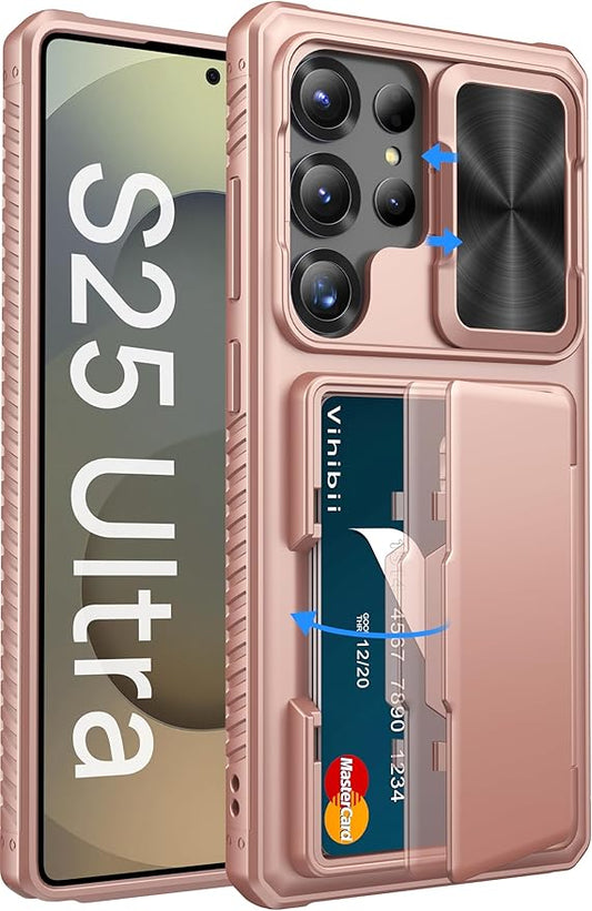 Vihibii for Samsung Galaxy S25 Ultra Case with Card Holder (4 Cards), [RFID Blocking] & Slide Camera Cover, Military Grade Drop Protection, Rugged Wallet Cover for Samsung Galaxy S25 Ultra, Rose Gold