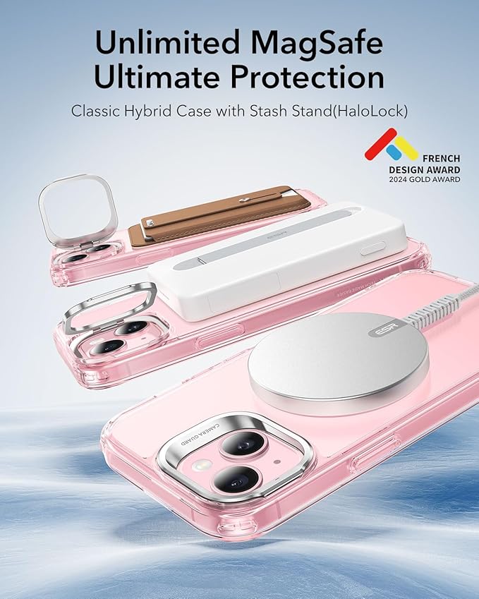 ESR for iPhone 15 Case, Compatible with, Military-Grade Protective Case, Built-in Stash Stand Phone Case, Scratch-Resistant Back Cover, Classic Series, Clear Pink