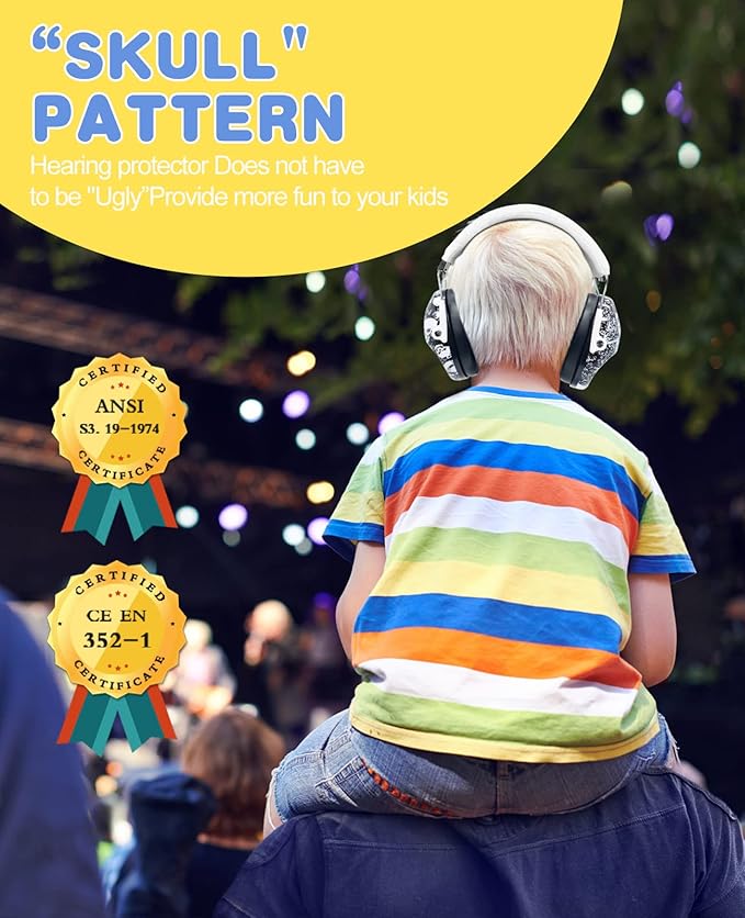 PROHEAR 032 Kids Ear Protection Safety Ear Muffs, NRR 25dB Noise Reduction Childrens Earmuffs, Adjustable Headband Hearing Protectors for Concerts, Racing, Airports - Skull Pattern