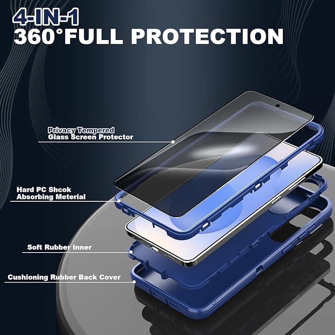 Designed for Samsung Galaxy S25 Edge Case [with Privacy Screen Protector] 3-Layer Full Body Protection Rugged Shockproof Heavy Duty Phone Case Cover, Navy Blue