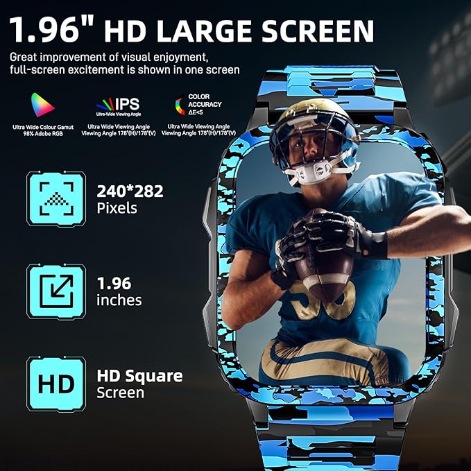 Military Smart Watches for Men (Make/Answer Call) with LED Flashlight 1.96" Screen 430mAh Fitness Tracker with Sport Modes Heart Rate Sleep Monitor Rugged Smartwatch for iPhone Android