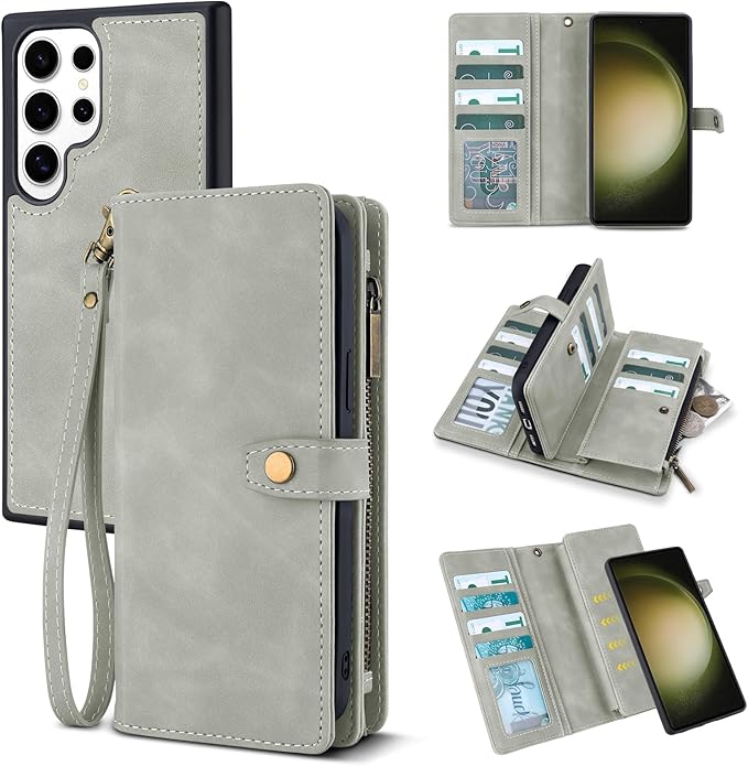 TwoHead for Samsung Galaxy S23 Ultra Wallet Case with Card Holder & Detachable Magnetic Phone Case for Galaxy S23 Ultra,PU Leather Shockproof Protective Phone Cover Wallet(6.8 in,Gray)