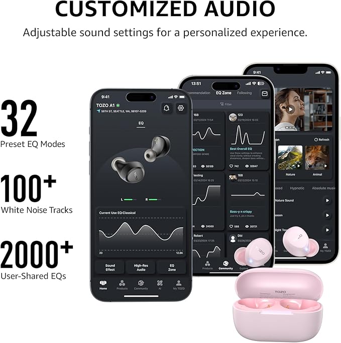 TOZO A1 Wireless Earbuds Bluetooth 5.3 Light Weight in Ear IPX5 Waterproof Headphones 2 Mic for AI Calls, Immersive Premium Sound Bass Headset with Charging Case, 32 Presets EQ Customization via App