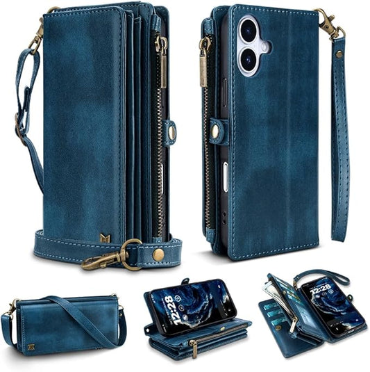 for iPhone 17 Wallet Phone Case with 7 Card Holder,RFID Blocking | PU Leather | Kickstand | Flip | Wrist Strap&Shoulder Strap | Shockproof | Zipper Wallet | Women Men | 6.3" | Blue