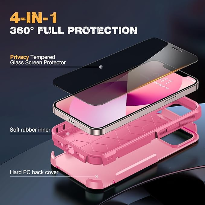 Diaclara Designed for iPhone 13 Case, [with Privacy Screen Protector] [Anti Spy] [Military Grade Drop Protection] Heavy Duty Full-Body Shockproof Phone Case, Pink