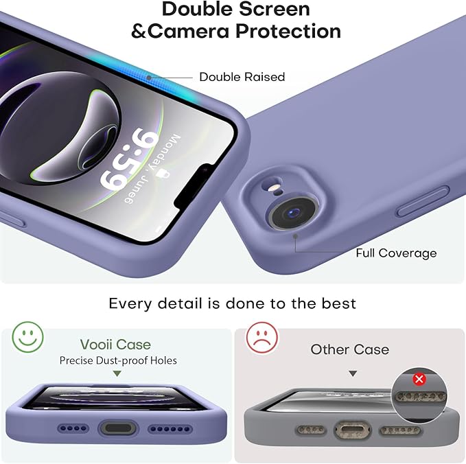 Vooii Compatible with iPhone 16e Case, Liquid Silicone Upgrade [Camera Protection] [Soft Anti-Scratch Microfiber Lining] Shockproof Phone Case for iPhone 16e 6.1 inch - Lavender Grey