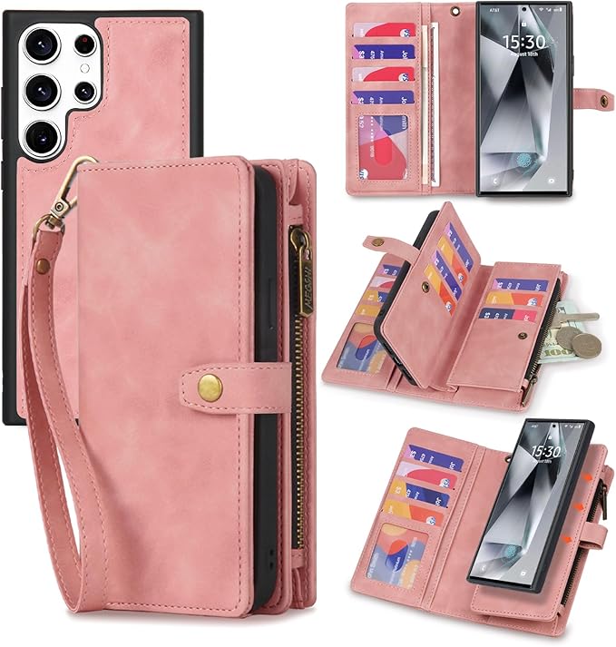 TwoHead Wallet Phone Case Compatible with Samsung Galaxy S24 Ultra | Card Holder, Detachable, Magnetic, PU Leather, All-Round Protective, Wrist Strap,Pink