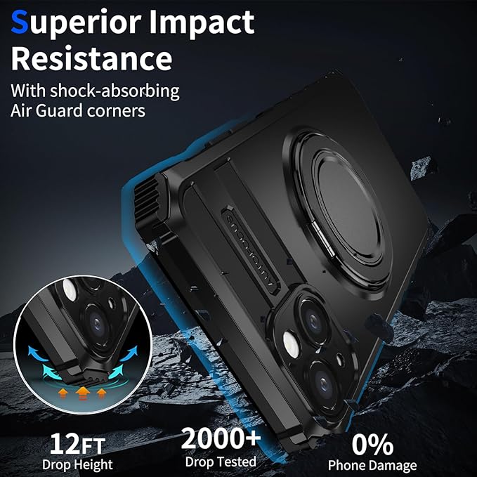 for iPhone 14 Case Compatible with MagSafe Magnetic,with 2 Tempered Glass Screen Protectors,Built-in 360°Kickstand Ring,Military Grade Drop Shockproof Heavy Duty Protection Phone Bumper Black