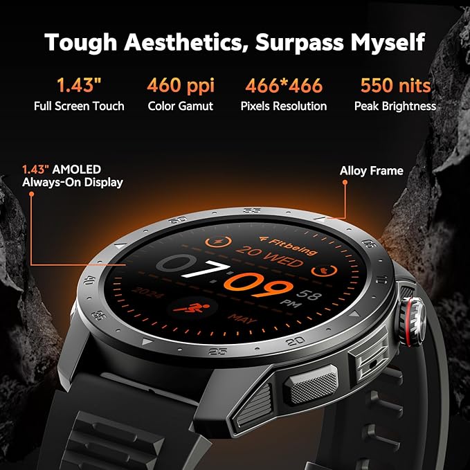 Military Smart Watches for Men Built-in GPS(Answer/Make Calls), 1.43" AMOLED Screen with Compass, Altitude, Barometer, 3ATM Waterproof, Fitness Watch with Health Monitor for Android iOS