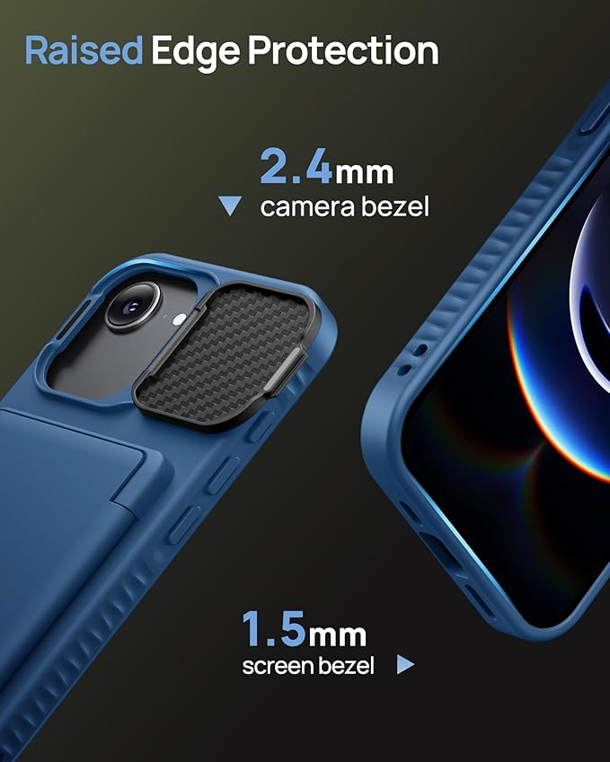for iPhone 16e Case with Card Holder, Built-in Stand & Camera Lens Cover, Shockproof Rugged Silicone Raised Edge Protective Multifunctional Wallet Phone Case for iPhone 16e 6.1" 2025, Blue