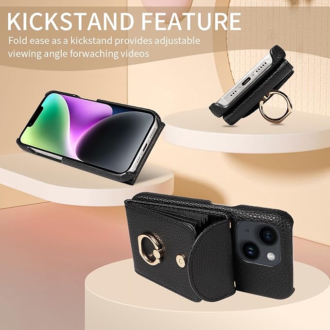 for iPhone 14 6.1 inch Organ Wallet Case with Tempered Glass Screen Ring Buckle Shoulder Strap PU Leather Flip Purse Card Holder Stand Phone Cover for iPhone14 5G i i-Phone i14 14Case Black