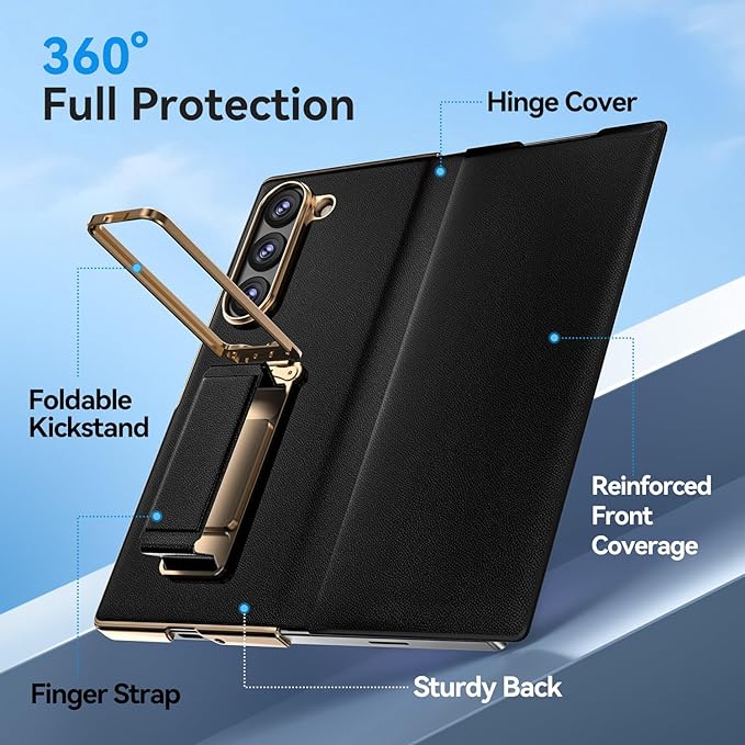 for Samsung Galaxy Z Fold 6 Case with Kickstand,【Military Grade Drop Protection】 【Hinge Protection】, Anti-Scratch Full Body Cover Shockproof Leather Phone Case for Z Fold 6 Case, Black