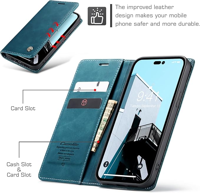 for iPhone 14 Pro Case, Flip Wallet Leather Case with Card Holder Magnetic Closure Shockproof Kickstand Protective Phone Cases Cover for iPhone 14 Pro, Blue-Green