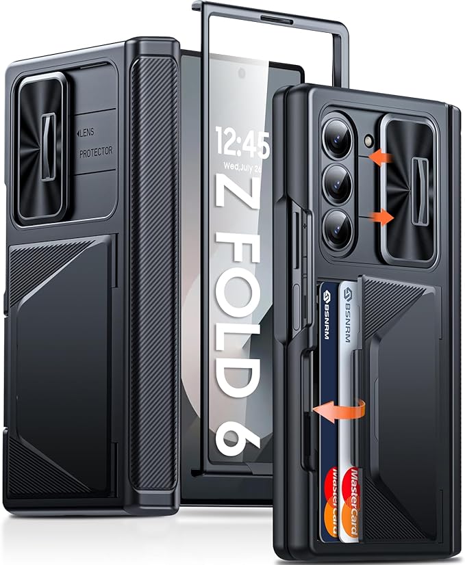 for Samsung Galaxy Z Fold 6 Case with Card Holder, Built in RFID Blocking & Slide Camera Cover & Hinge Protection & Full-Body Rugged Shockproof Wallet Case for Galaxy Z fold 6, Black