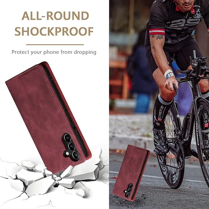 QLTYPRI Wallet Case for Samsung Galaxy S24, Vintage Folio PU Leather Purse Case with Card Slots Magnetic Closure Kickstand Flip Crashproof Phone Cover for Samsumg Galaxy S24 - Wine Red