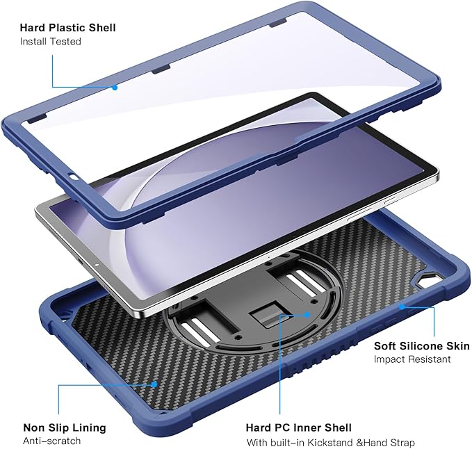 ZtotopCases for Samsung Galaxy Tab A9+ / A9 Plus 11'' 2023 (SM-X210/X216/X218), Shockproof Hard Duty Case with Screen Protector+360 Rotating Hand Strap&Stand+Shoulder Strap for Tab A9+ Tablet, Blue