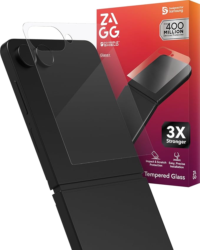 ZAGG Glass+ Samsung Galaxy Z Flip7 Screen Protector (Front Screen Only) – 3x Stronger, Scratch-Resistant, Smudge-Resistant, Fingerprint Scanner Compatible, InvisibleShield, Easy Installation