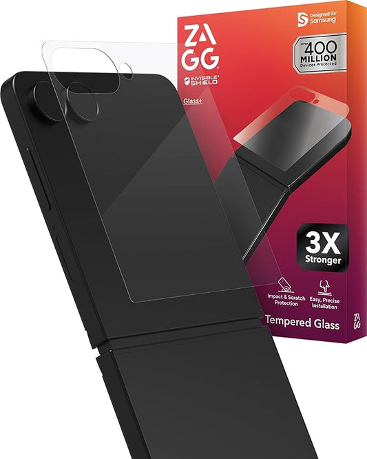 ZAGG Glass+ Samsung Galaxy Z Flip7 Screen Protector (Front Screen Only) – 3x Stronger, Scratch-Resistant, Smudge-Resistant, Fingerprint Scanner Compatible, InvisibleShield, Easy Installation