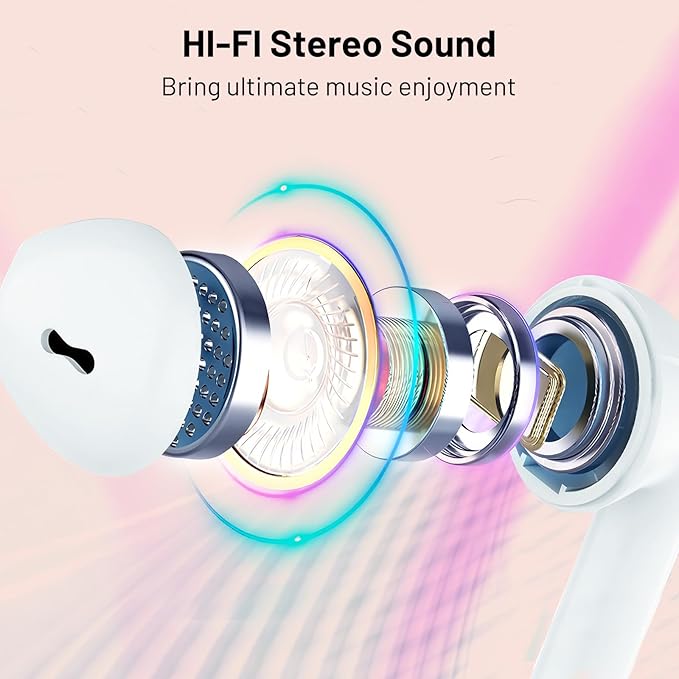 Wireless Earbuds, Bluetooth Headphones Stereo Ear Buds with Noise Cancelling Mic, 50H Playback with LED Display Charging Case, IP7 Waterproof in-Ear Earphones for Phone Laptop Sports, Pink