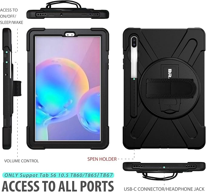 BRAECN for Galaxy Tab S6 Case,[Support S Pen Wireless Charging] Heavy Duty Shockproof Case with Pen Holder,Hand Strap,Shoulder Strap,Kickstand for Galaxy Tab S6 10.5 2019 SM-T860/T865/T867-Black