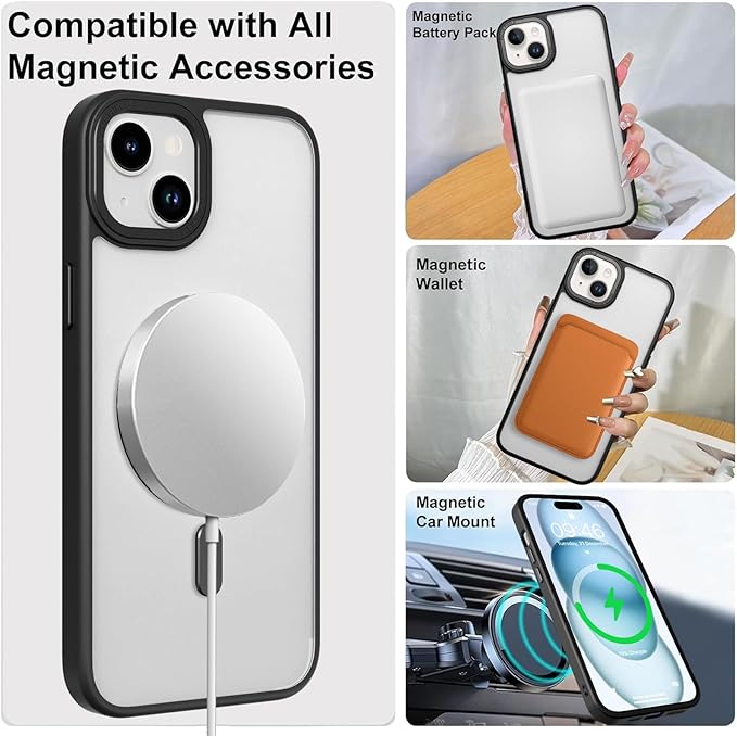 ZIYE Magnetic Case for iPhone 15 Case with Stand [Compatible with MagSafe] Slim Shockproof Military Grade Heavy Duty Cover with 360 Rotatable Ring Kickstand for Women Men, Translucent Black