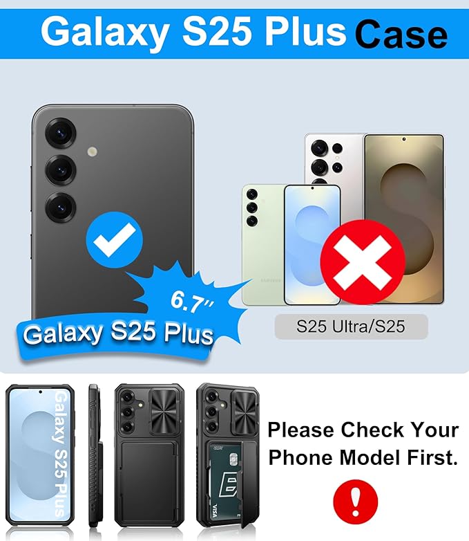 for Samsung Galaxy S25+ Plus Case Wallet, Card Holder (4-5 Cards), RFID Block, Slide Camera Cover & Military Grade Drop Shockproof, Heavy Duty Men Women Phone Case for Samsung S25+ Plus, Black