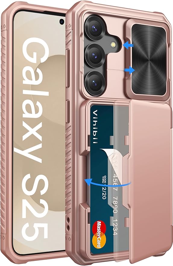 Vihibii for Samsung Galaxy S25 Case with Card Holder (4 Cards), [RFID Blocking] & Slide Camera Cover, Military Grade Drop Protection, Rugged Wallet Case for Samsung Galaxy S25 6.2" 5g 2025, Rose Gold