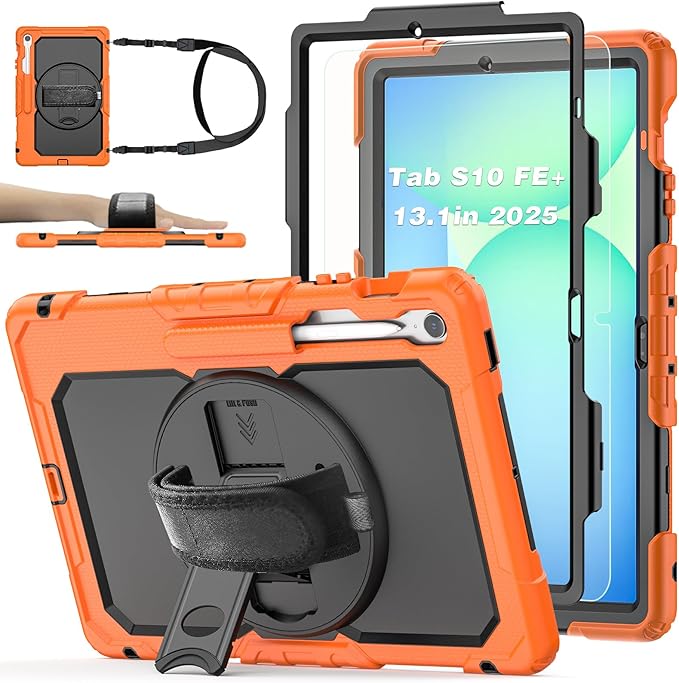 Case for Samsung Galaxy Tab S10 FE Plus 5G Tablet 13.1'', Shockproof Protective Cover with Tempered Glass Screen Protector, Rotatable Kickstand, S Pen Holder, Hand/Shoulder Strap, Orange