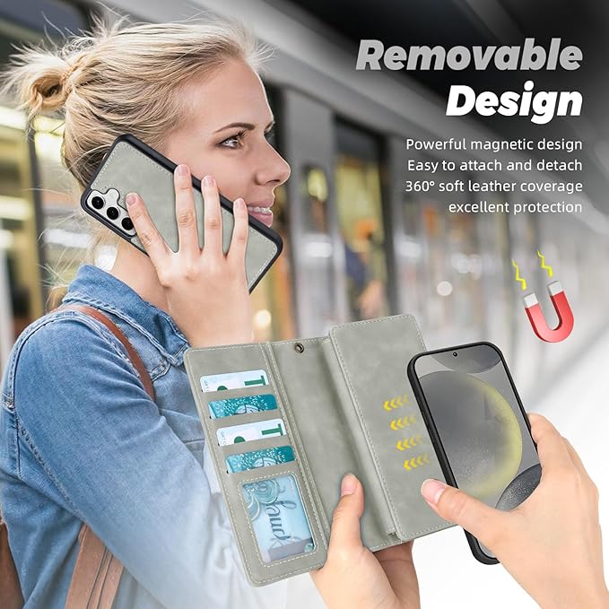 TwoHead for Samsung Galaxy S24 Wallet Case with Card Holder,Detachable Magnetic Phone Case for Galaxy S24,PU Leather Shockproof Protective Phone Cover Wallet with Wrist Strap(6.1 in,Gray)