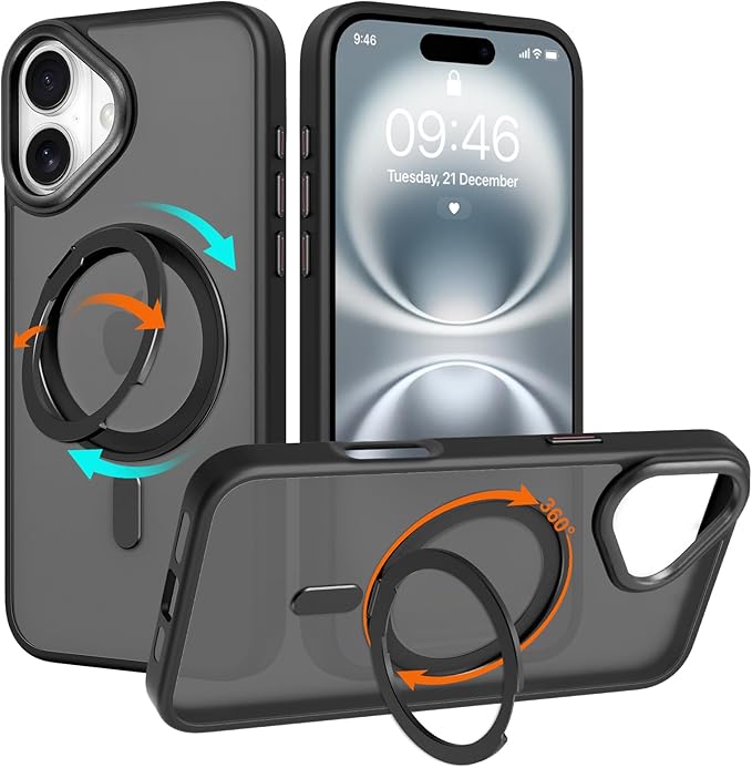 ZIYE Magnetic Case for iPhone 16 Plus Case with Stand [Compatible with MagSafe] Slim Shockproof Military Grade Heavy Duty Cover with 360 Rotatable Ring Kickstand for Women Men, Translucent Black
