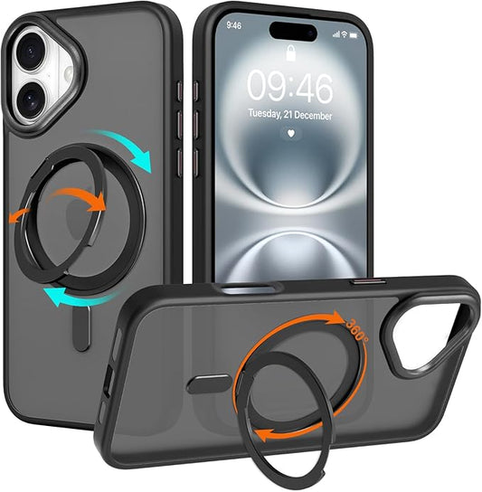 ZIYE Magnetic Case for iPhone 16 Plus Case with Stand [Compatible with MagSafe] Slim Shockproof Military Grade Heavy Duty Cover with 360 Rotatable Ring Kickstand for Women Men, Translucent Black