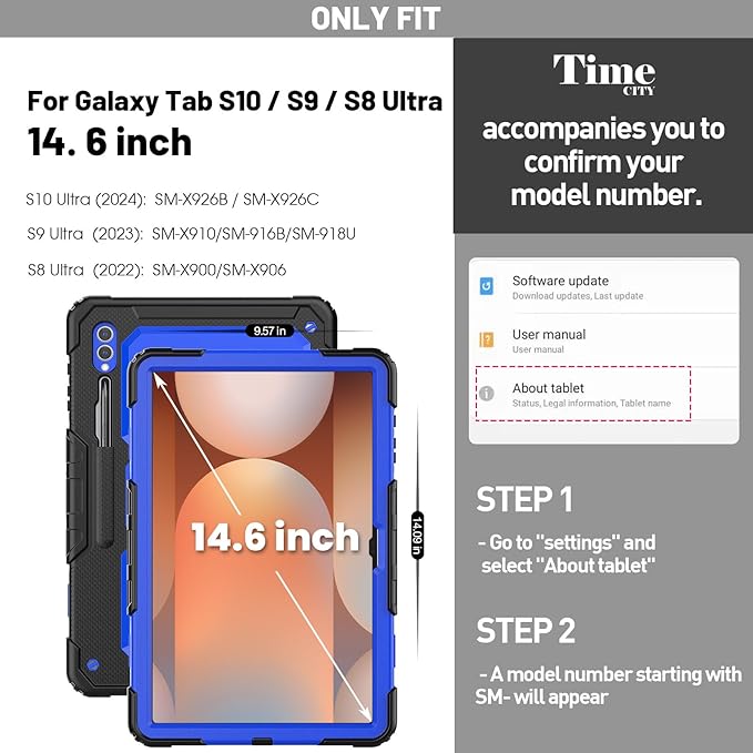 Timecity Case for Samsung Galaxy Tab S10 Ultra/ S9 Ultra/ S8 Ultra Tablet Case 14.6''- Heavy Duty Protective Cover with Screen Protector, Stand, Shoulder Strap & S Pen Holder | Kids-Friendly, Blue