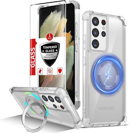 for Samsung Galaxy S21 Ultra Case Compatible Wireless Charging Magnetic,with Screen Protector,for S21Ultra Phone Case with 360°Stand Ring Military Grade Shockproof Heavy Duty Protection Clear