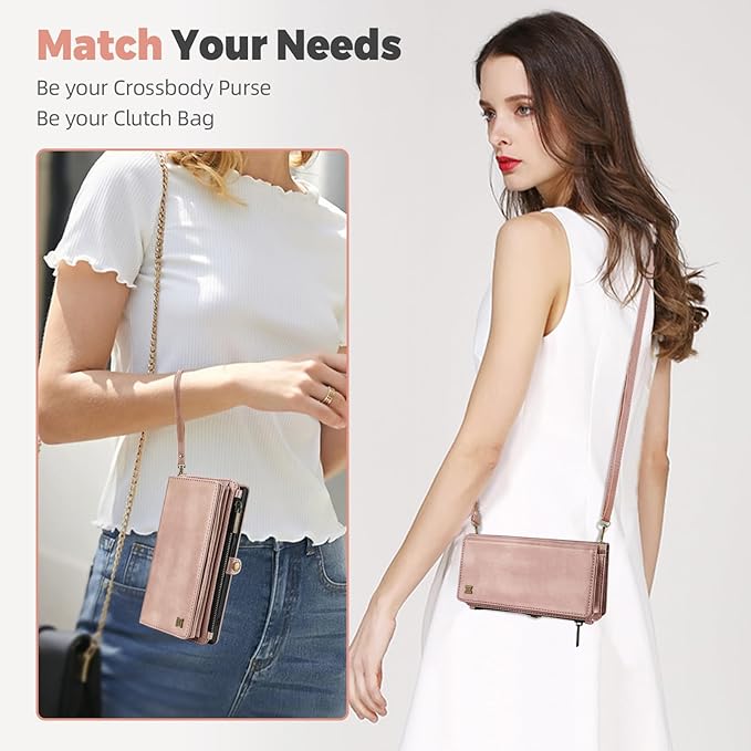 for iPhone 16 Pro Wallet Phone Case with 7 Card Holder,RFID Blocking | PU Leather | Kickstand | Flip | Wrist Strap&Shoulder Strap | Shockproof | Zipper Wallet | Women Men | 6.3" | Rose Gold