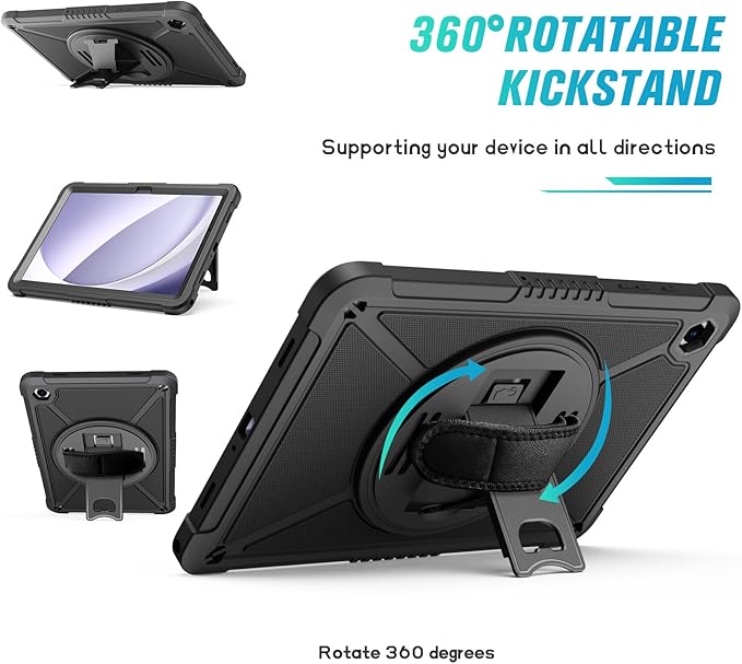 ZtotopCases for Samsung Galaxy Tab A9+ / a9 Plus 11'' 2023 (SM-X210/X216/X218), Shockproof Hard Duty Case with Screen Protector+360 Rotating Hand Strap&Stand+Shoulder Strap for Tab A9+ Tablet, Black