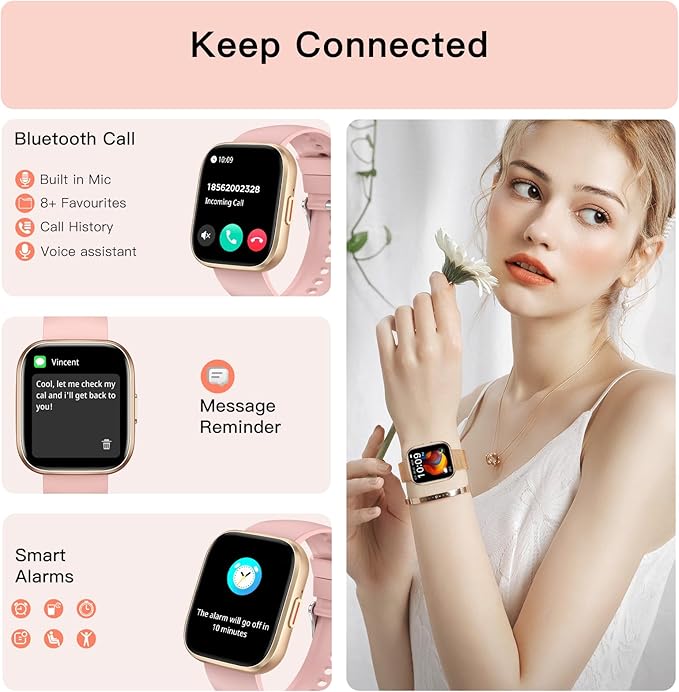 Smart Watches for Women, 1.85" Fitness Watch Answer/Make Calls, Fitness Tracker with Pedometer/Calories, 24/7Heart Rate/SpO2/Sleep Tracker, Waterproof Smart Watch for Android iPhone(2 Straps)