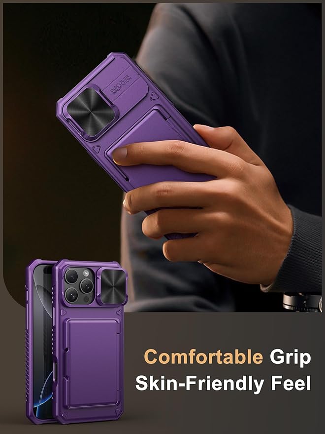 Vihibii for iPhone 16 Pro Max Case Wallet with Card Holder (4 Cards) [RFID Blocking] & Slide Camera Cover, Military Grade Drop Protection, Hard Back & Silicone Edge Phone Case 6.9" 2024, Dark Purple