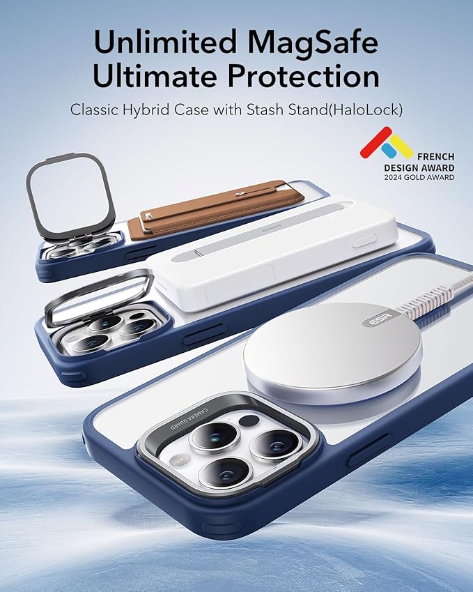 ESR for iPhone 14 Pro Max Case, Compatible with MagSafe, Built-in Camera Ring Stand, Military-Grade Protection, Magnetic Phone Case for iPhone 14 Pro Max, Classic Kickstand Case (HaloLock), Clear Blue