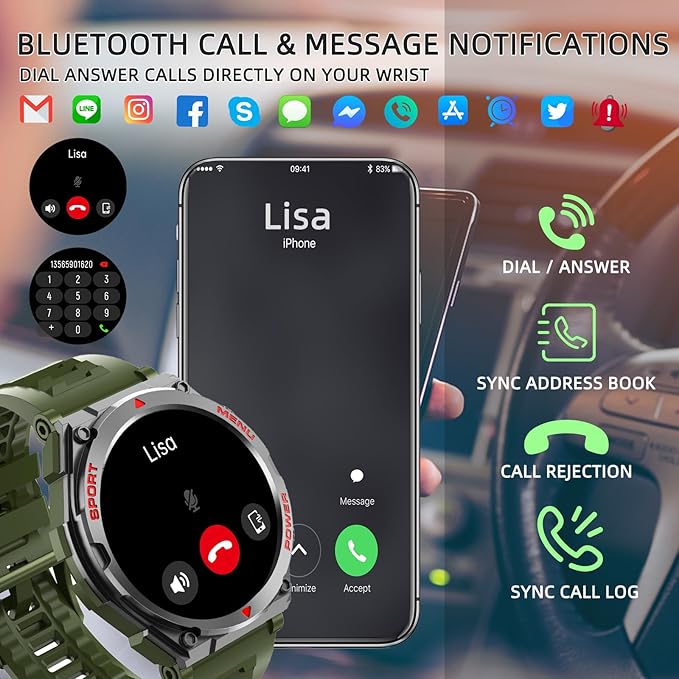 Military Smart Watches for Men(Answer/Make Calls), 1.52" HD Fitness Watch, AI Built-in,Heart Rate Sleep Monitor, AI Face,100+ Sport Modes, Text, IP68 Waterproof Smartwatch for Android iOS